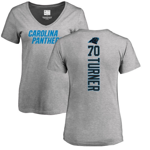 Carolina Panthers Ash Women Trai Turner Backer V-Neck NFL Football #70 T Shirt